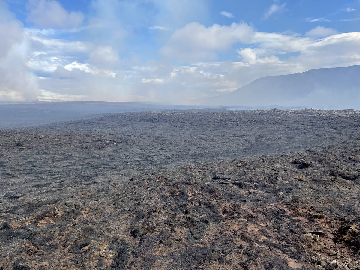 Yfirlit yfir brunnið gróðursvæði á gosstöðvunum við Litla-Hrút, 14. júlí 2023.