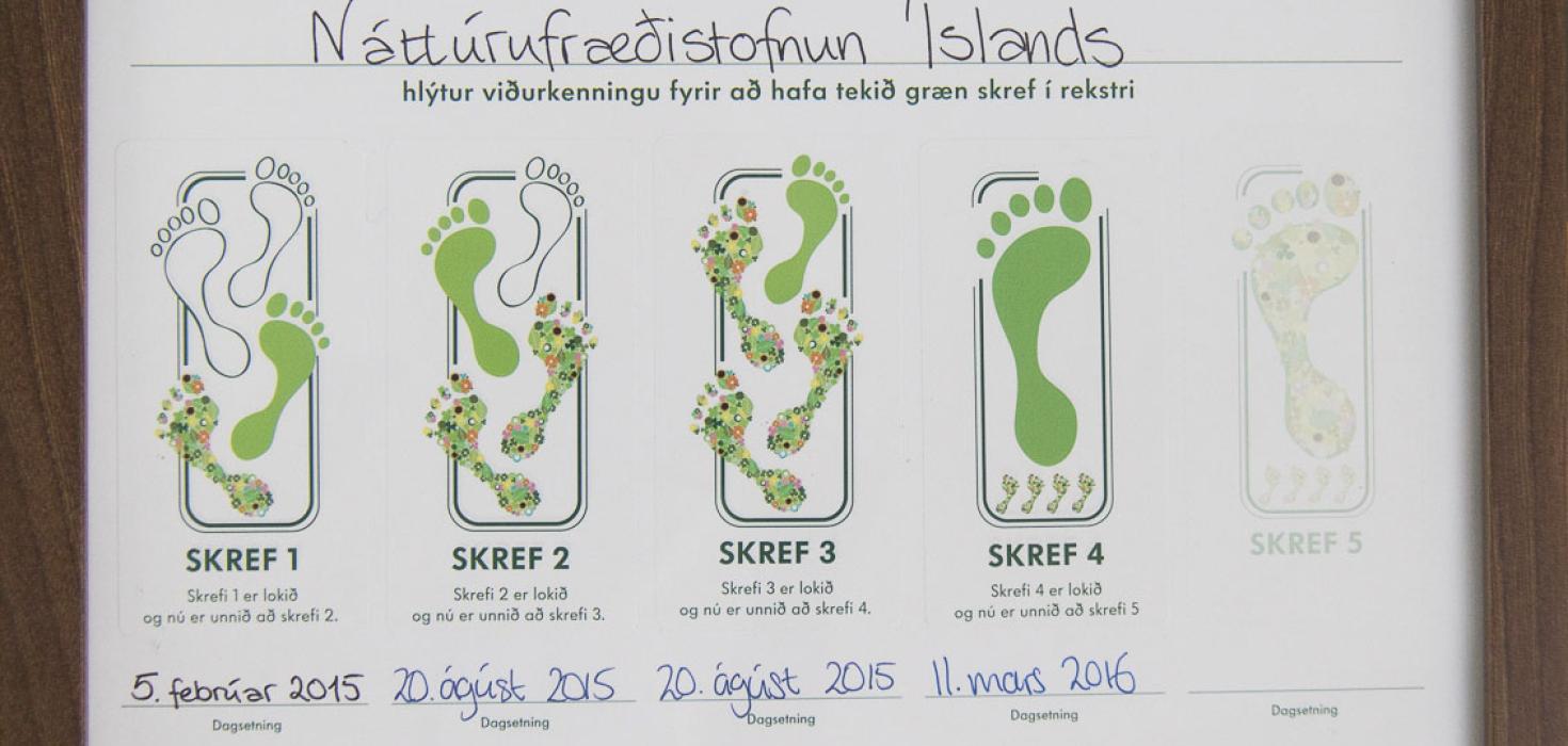 Viðurkenning Náttúrufræðistofnunar Íslands fyrir fjögur Græn skref
