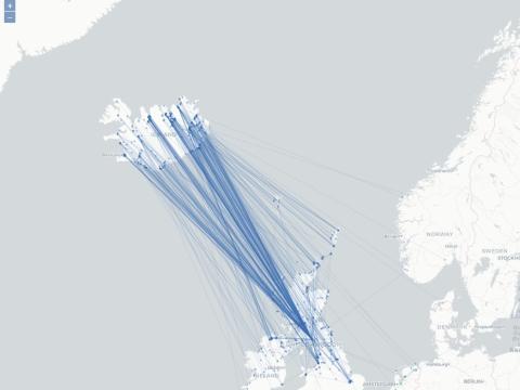 Skjáskot úr evrópska endurheimtuatlasinum sem sýnir ferðir álfta sem merktar voru á Íslandi og Bretlandseyjum.
