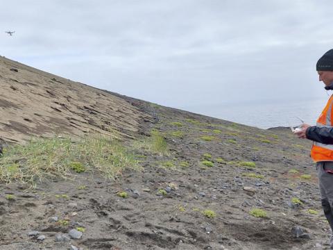 Birgir Vilhelm Óskarsson jarðfræðingur hjá Náttúrufræðistofnun Íslands tekur myndir í Surtsey með notkun dróna