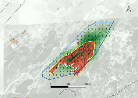 Skógarreitur á Laugalandi (rauðbrúnn fláki) ásamt reitum í nágrenninu (drapplitaðir flákar). Sjálfsáning stafafuru er sýnd með grænum lit sem er dekkri eftir því sem sáning er þéttari.