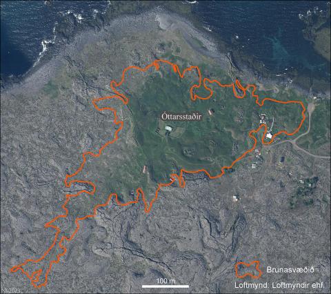 Kort af brunasvæðinu við Óttarsstaði