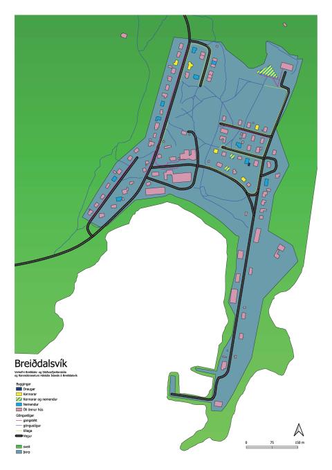 Kort af Breiðdalsvík, unnið af nemendum Breiðdals- og Stöðvarfjarðarskóla í samstarfi við Rannsóknasetur Háskóla Íslands og Náttúrufræðistofnun Íslands á Breiðdalsvík.