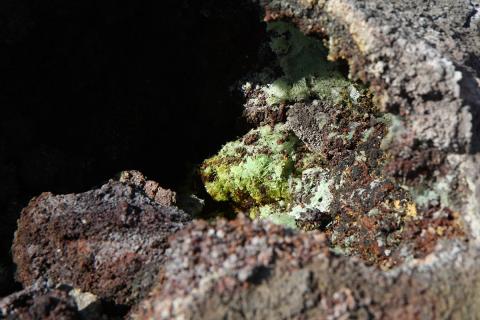 Eldfjallaútfellingar. Kristjánít fannst í grænleita massanum. 