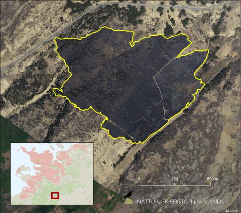 Kort af svæðinu sem brann í Heiðmörk 4. maí 2021