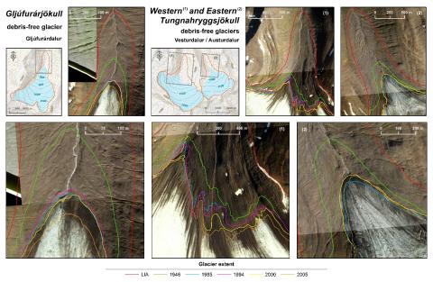 Jaðarstaða Gljúfurárjökuls og Tungnahryggsjökuls á nokkrum tímapunktum
