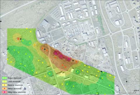 Reiknuð útbreiðsla mosaskemmda við iðnaðarsvæðið í Hellnahrauni Hafnarfirði